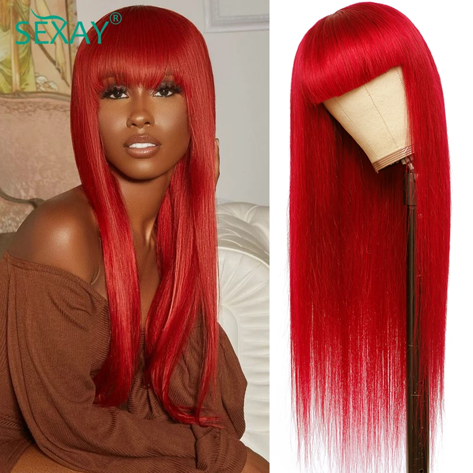 Sexay Red Bang Wigs Human Hair 10-32 Inch Remy Bone Straight Human Hair  Wigs Fire Red Full Machine Made 200 Density Fringe Wigs - Full Machine Wigs  - AliExpress