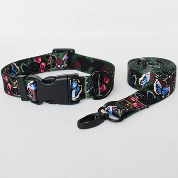 

Butterfly camouflage Nylon Dog Collar and dog leash Personalized Dogs leash With ID Dog Collars Custom Engraved Pet Supplies