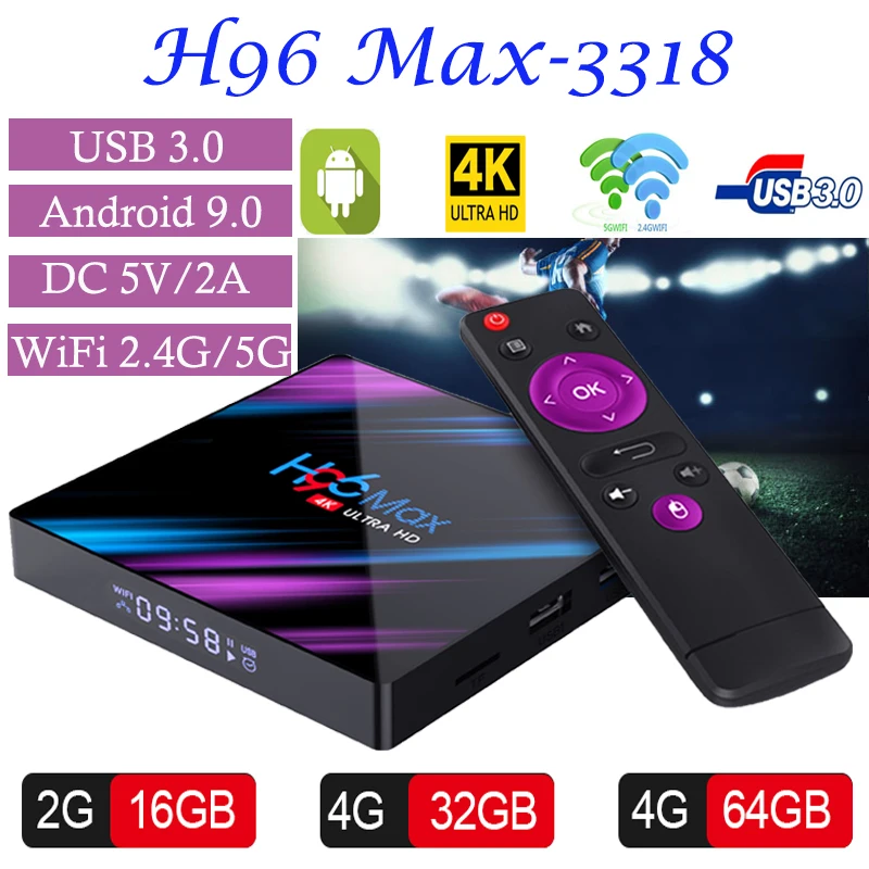 Смарт ТВ приставка H96 max 3318 Android 9,0 2 ГБ 4 ГБ 16 ГБ 32 ГБ 64 ГБ 4K Bluetooth 4,0 WiFi 2,4/5,0G медиаплеер ip ТВ приставка YouTube Netflix