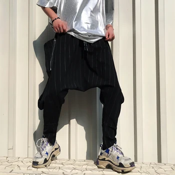 

New hair stylist personality hip hop hanging pants men's fashion striped casual pants thin section harem pants
