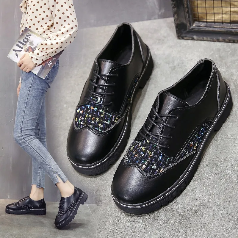 

British-Style Small Leather Shoes Women's Lace-up Bullock Varved College Versatile Flat Retro Autumn Chunky-Heel Martin Shoes