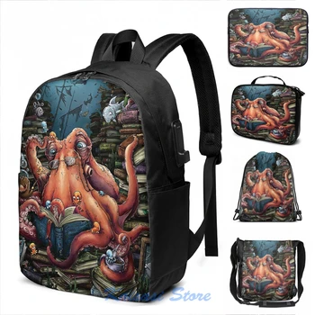 

Funny Graphic print Grandpa Octopus USB Charge Backpack men School bags Women bag Travel laptop bag