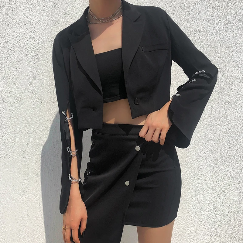 Very best  Darlingaga Fashion Autumn Black Cropped Basic Jacket Women Coat Streetwear Chain Open Sleeve Cardig
