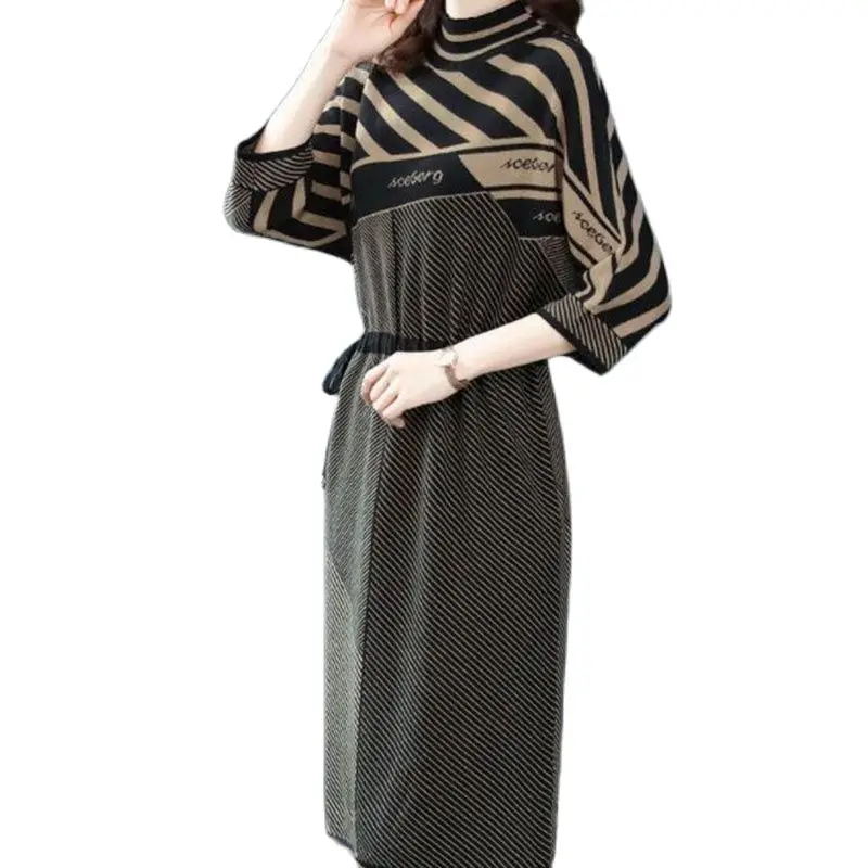 

Temperament Knitting Ladies Dress Autumn Winter 2021 New Retro Stripe Mid-Length Drawstring Slim Fashion Female Sweater Skirt