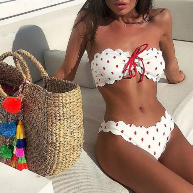 

Brazilian Bikini Set 2019 Swimwear Women Dot Bandeau Lace Up Swimsuit Female Push Up Bathing Suit Female Summer Bathers Biquini