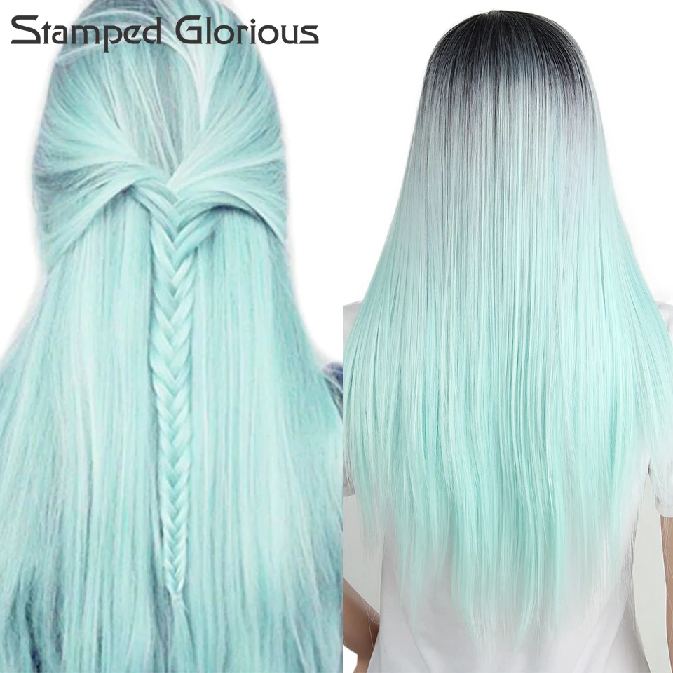 

Stamped Glorious Middle Part Long Ombre Mint Silky Straight Wigs for Women Cosplay Synthetic Wig Heat Resistant Party Fiber