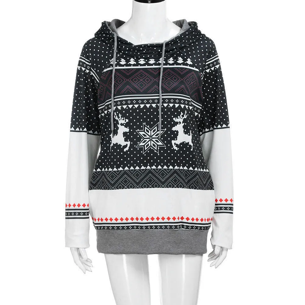 Зимние рождественские женские толстовки в горошек с принтом лося, топы, пуловер с длинными рукавами, толстовка с капюшоном, женская одежда O09