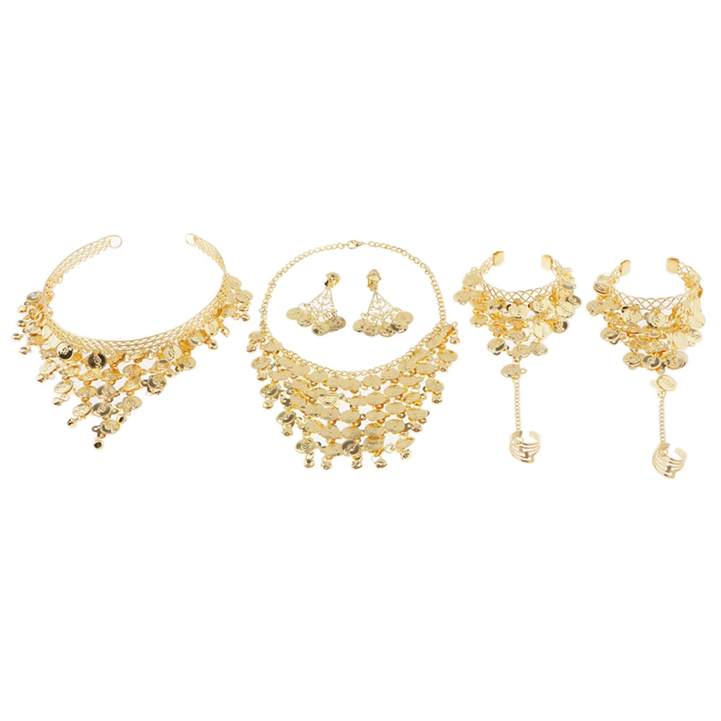 4 Pcs Gold Gypsy Belly Dance Jewelry Set Necklace Earrings Bracelet Headband and Hoop/clip-on Earrings Set