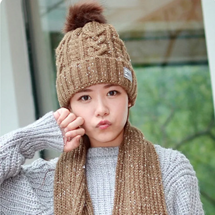 Sparsil, женская зимняя флисовая вязаная шапка с помпоном+ шарф, шапка унисекс, твист, комплект, утолщенная теплая шапка для женщин - Цвет: Deep brown