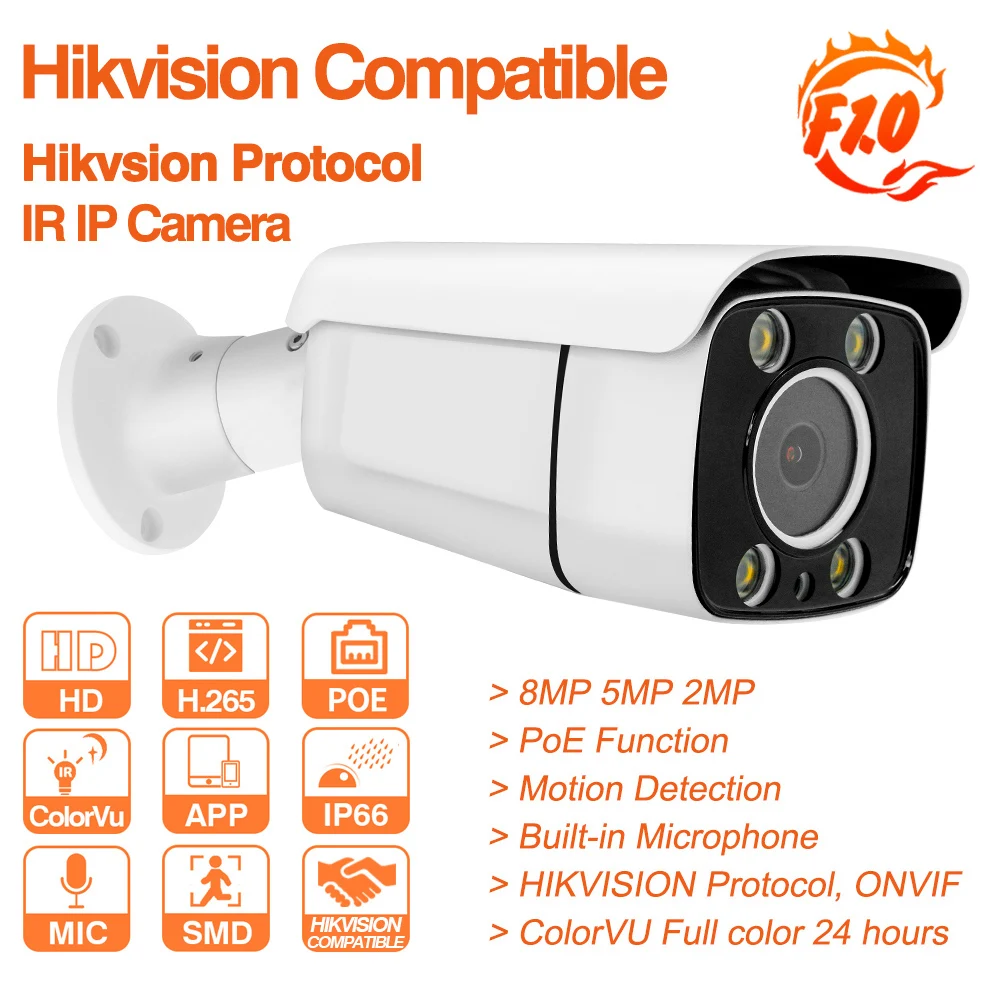 Hikvision совместимая ip камера 5 Мп POE полноразмерная цветная сетевая 8 2MP ColorVu ONVIF Protocl