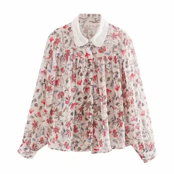 

women Elegant embroidery turn down collar floral print chiffon blouse office lady chic shirts brand femininas blusas tops LS6453