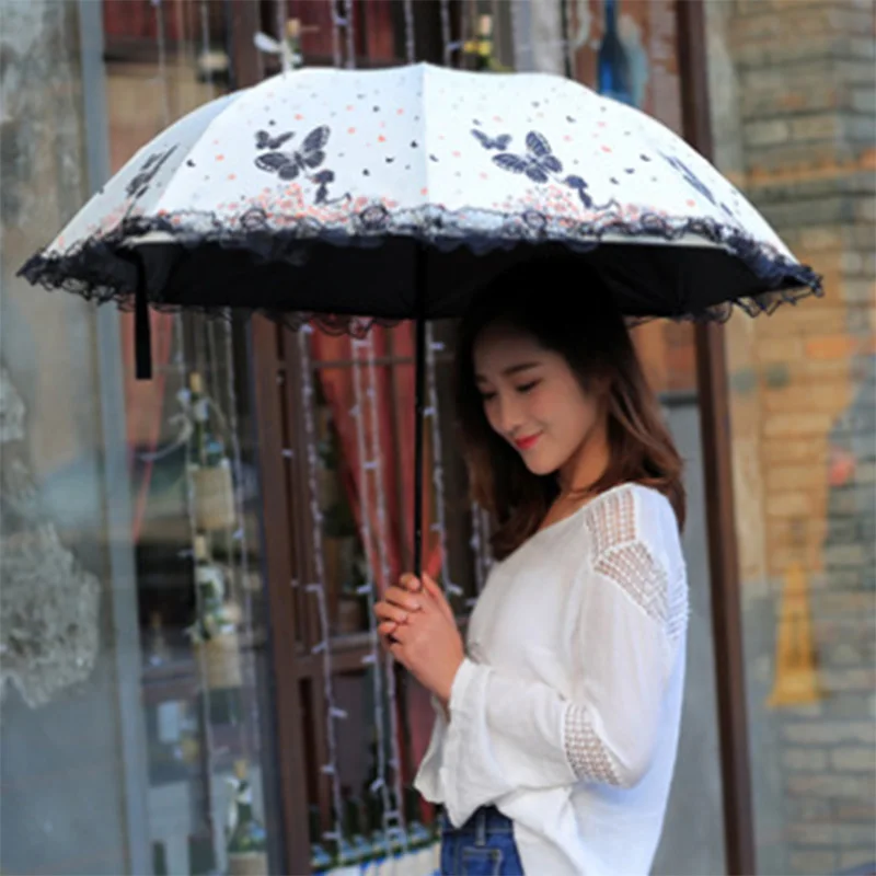 

Butterfly girl lace umbrella lace sunscreen sun umbrella folding dual-use black plastic tri-fold small fresh umbrella