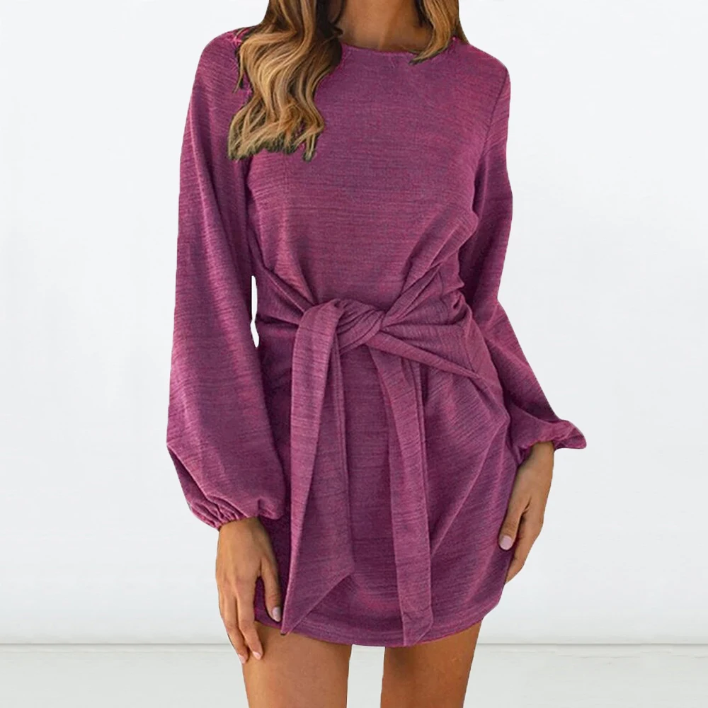 

2019 Women Autumn Winter Knitted Dress Sexy O-neck Bow Belted Long Sleeve Knitwear Elegant Casual Knee-Length Dresses Ladies