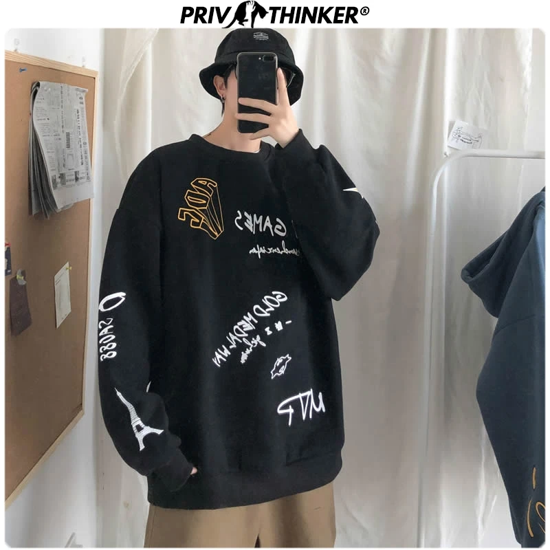 Privathinker мужские новые осенние зимние плотные свитшоты с принтом, мужские, Корейская теплая Модная одежда, мужской пуловер с круглым вырезом и капюшоном