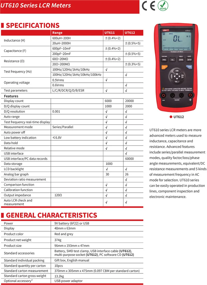 UNI-T UT612/UT611 LCR метр; Высокая точность 10 кГц/100 кГц LCR Цифровой мост метр/индуктор/конденсатор/тестер сопротивления