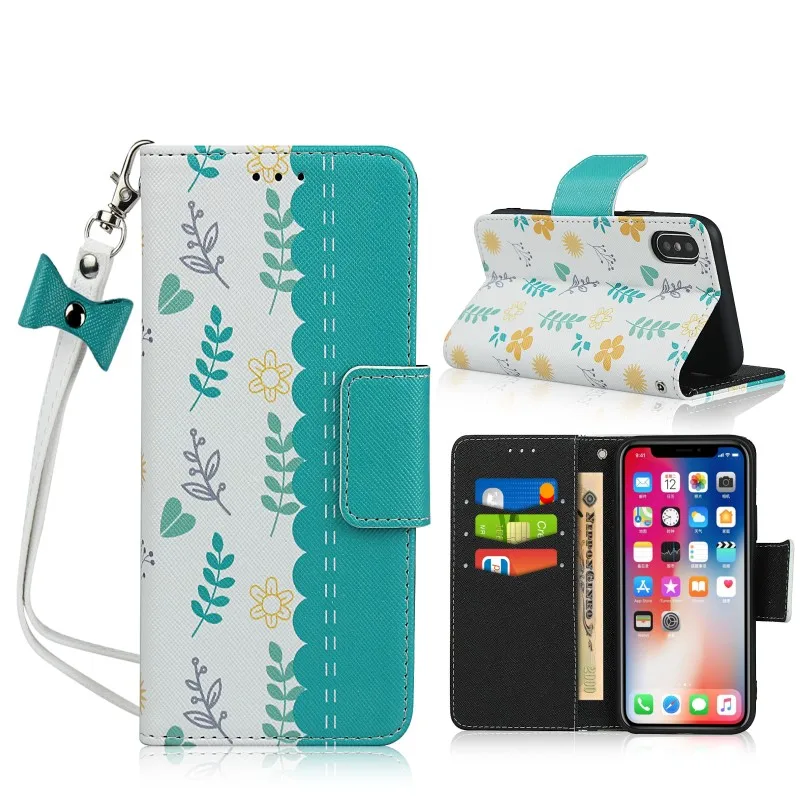 С модным цветочным рисунком; Прочные телефонные чехлы для iPhone X Case-кошелек из ПУ/кожи с откидной крышкой для iPhone XS крышка с барсетка на ремне