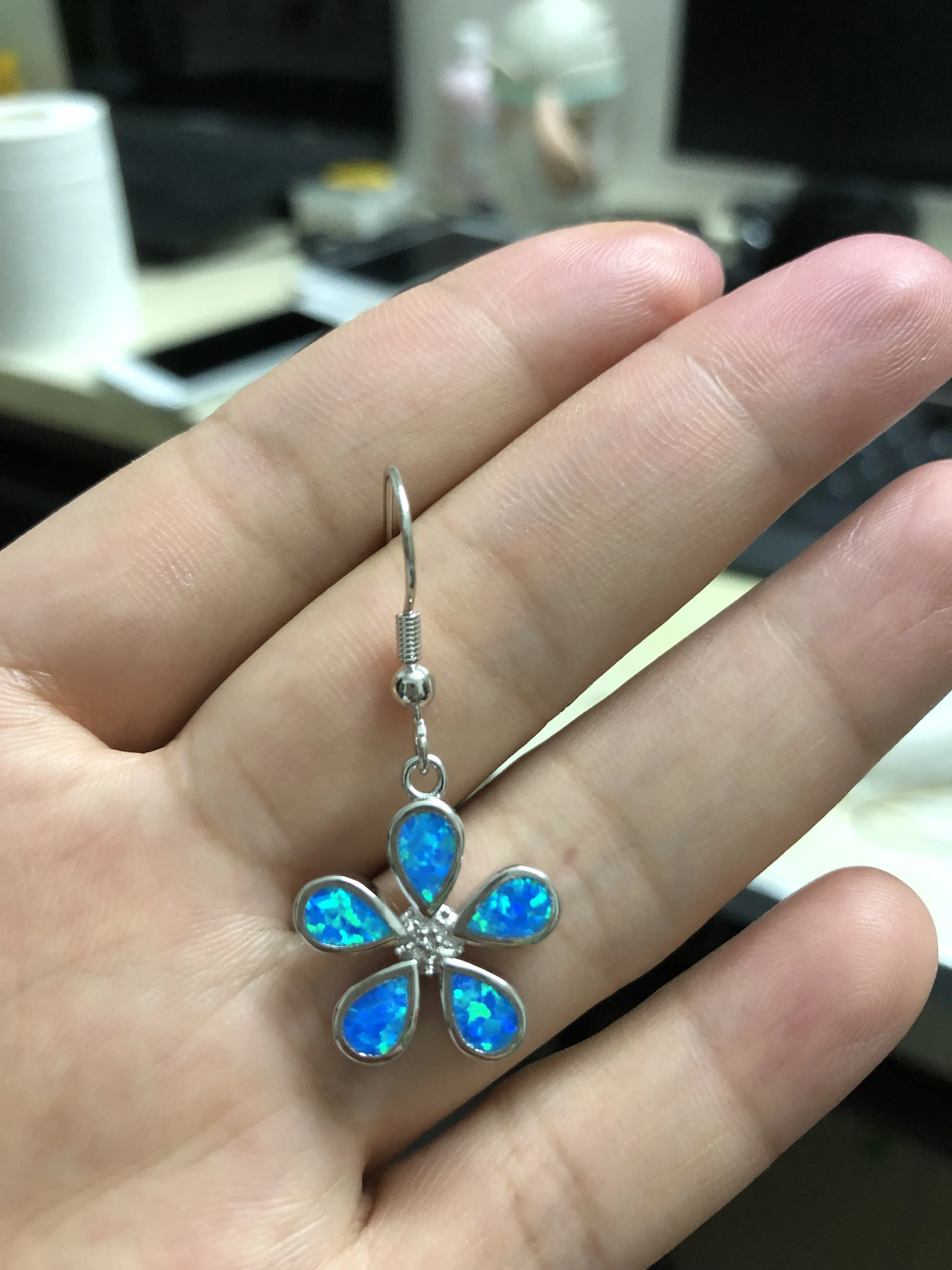 

HAIMIS Created Blue Fire Opal Silver Plated Flower Drop Earrings for Women Ladies