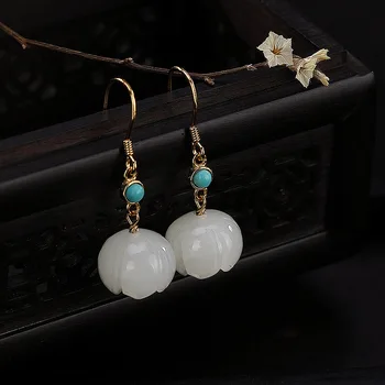 

One Luyin S925 Pure Silver Inlaid Natural Hetian Jade White Jade Turquoise Lotus Upscale Female Earrings Fine Earrings