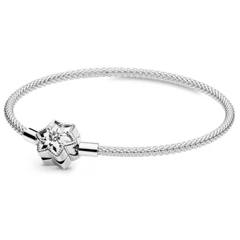 

New 925 Sterling Silver Bangle Moments Bright Snowflake Clasp Mesh Bracelet Bangle Fit Women Bead Charm DIY Europe Jewelry