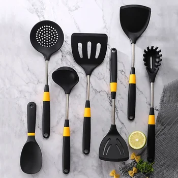 

7Pcs Silicone Cookware Set Spatula Rice Spoon High Temperature Resistant Yellow Ring Two-color Long Handle Kitchen Cooking Set