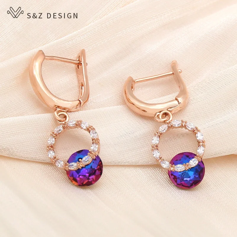S&Z DESIGN New Cute Round Cubic Zirconia Crystal Dangle Earrings For Women Party Fashion Jewelry Lady Girls Daily Accessories