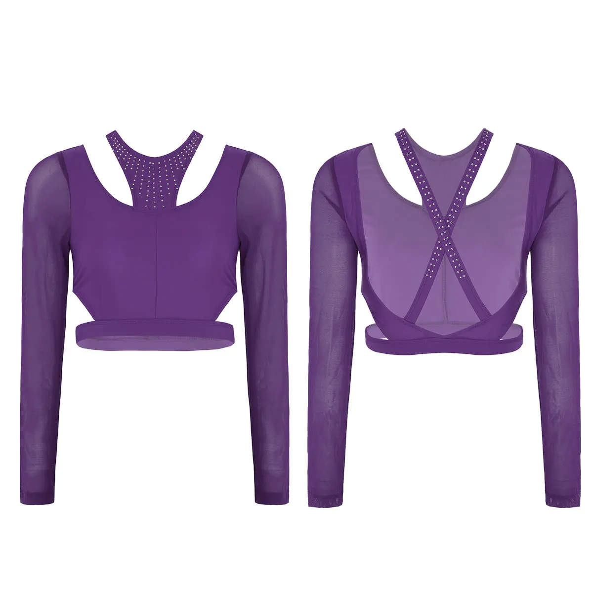 Purple Женская Одежда для танцев, блестящие стразы, длинные рукава, сзади, крест, для танцев, топы, гимнастика, балет, сценический, танцевальный костюм - Цвет: Purple