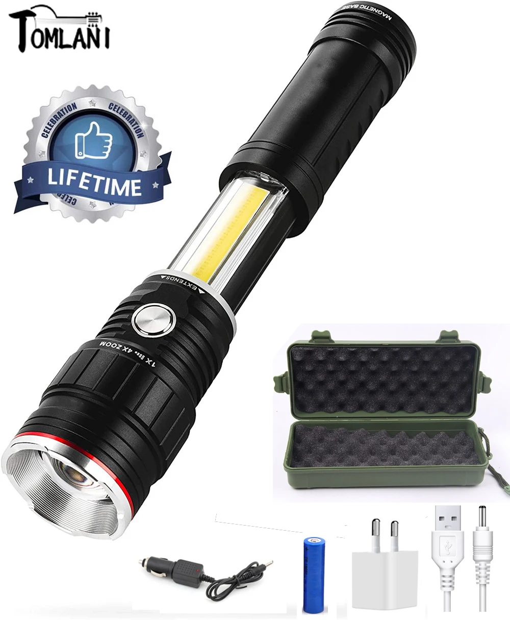 

5000 Lumen COB LED Work-Light With Side light Zoomable Magnetic Base Rechargeable 4Modes Flashlight for Emergency Repairing
