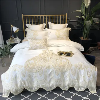 

4,6 Pieces Luxury European Palace Bedsheets Big Lace Bedding Sets Queen King Size Bedclothes Egyptian Cotton Duvet Covers White