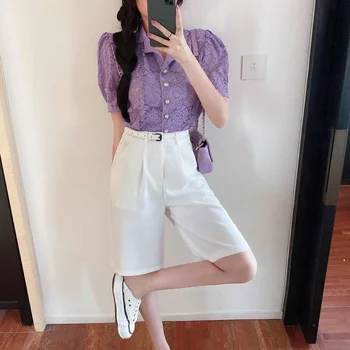 

Women Lace Suit Large Plus Size Elegant OL Set shirt top and short pant two piece set large plus size summer cloth Matching Set