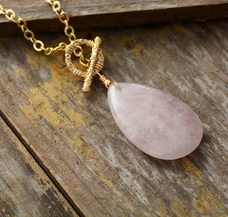 Classic Rose Quartzs Teardrop Pendant Lariat Necklace Gold Tone Natural Stone Necklace Elegant Jewelry Wholesale Dropshipping - Image 2