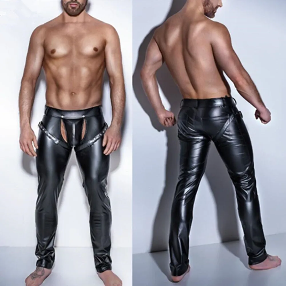 Sexy Men men leather chaps Open Crotch Erotic Latex Pants PVC Night Club Men Straps Trousers Gothic Punk Fetish Club Wear