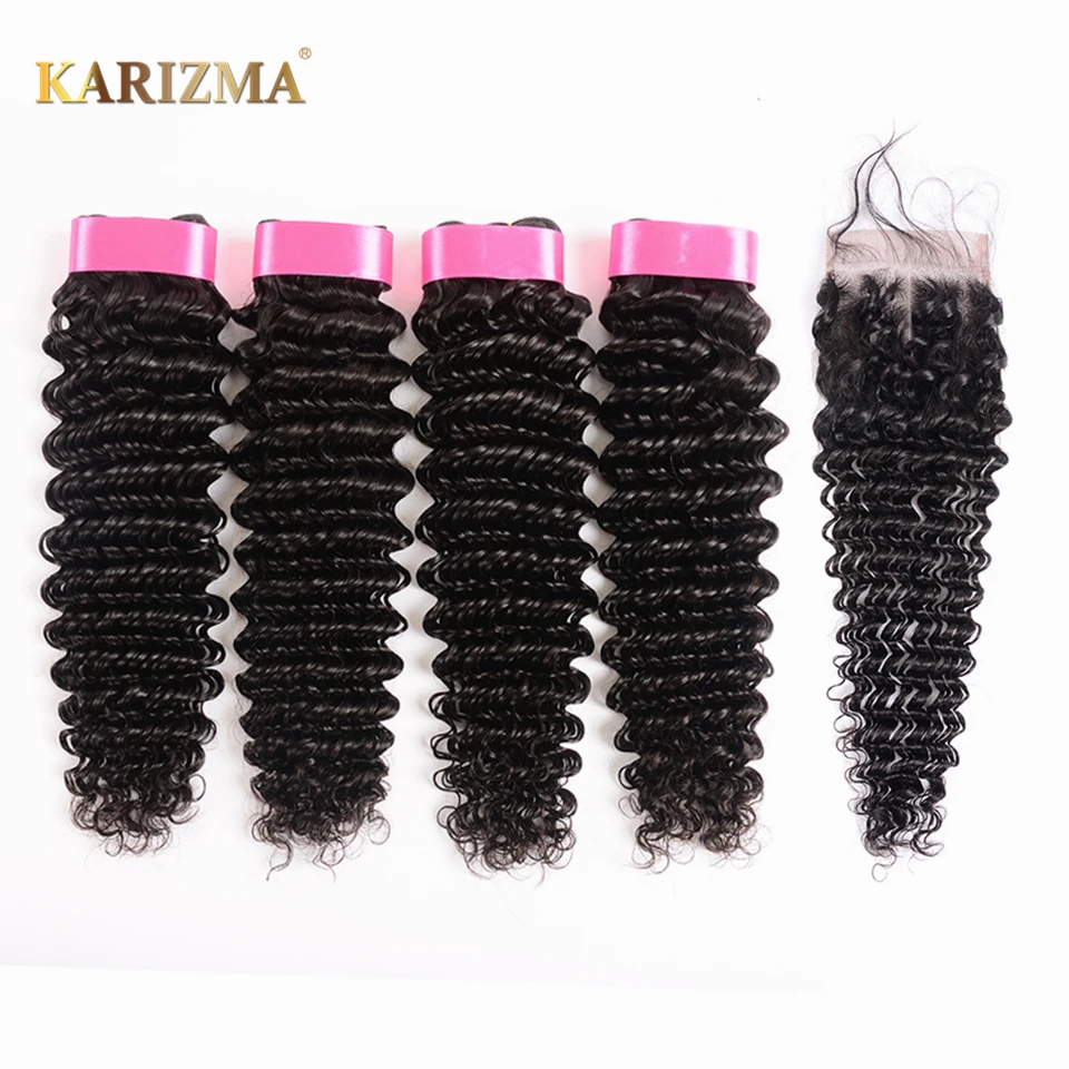 

Deep Wave Brazilian Human Hair Bundles With Closure Free Part 5Pcs/lot 4 Bundles With Closure Non Remy Human Hair Karizma