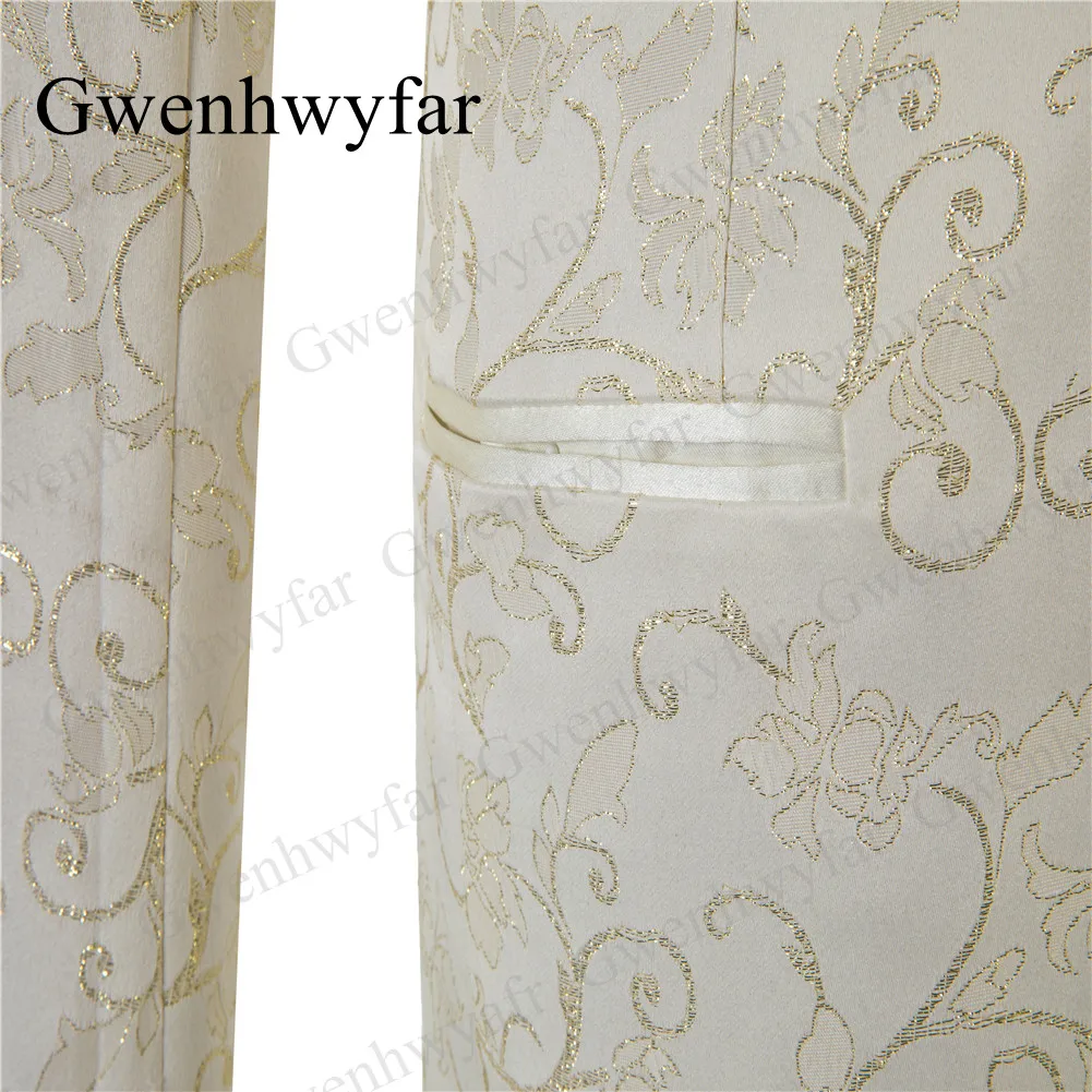 Gwenhwyfar Tailor-made Men Tuxedos Cream Color Gold Line Embroidery Costume Formal Shawl Lapel Men Suits 3 Pcs