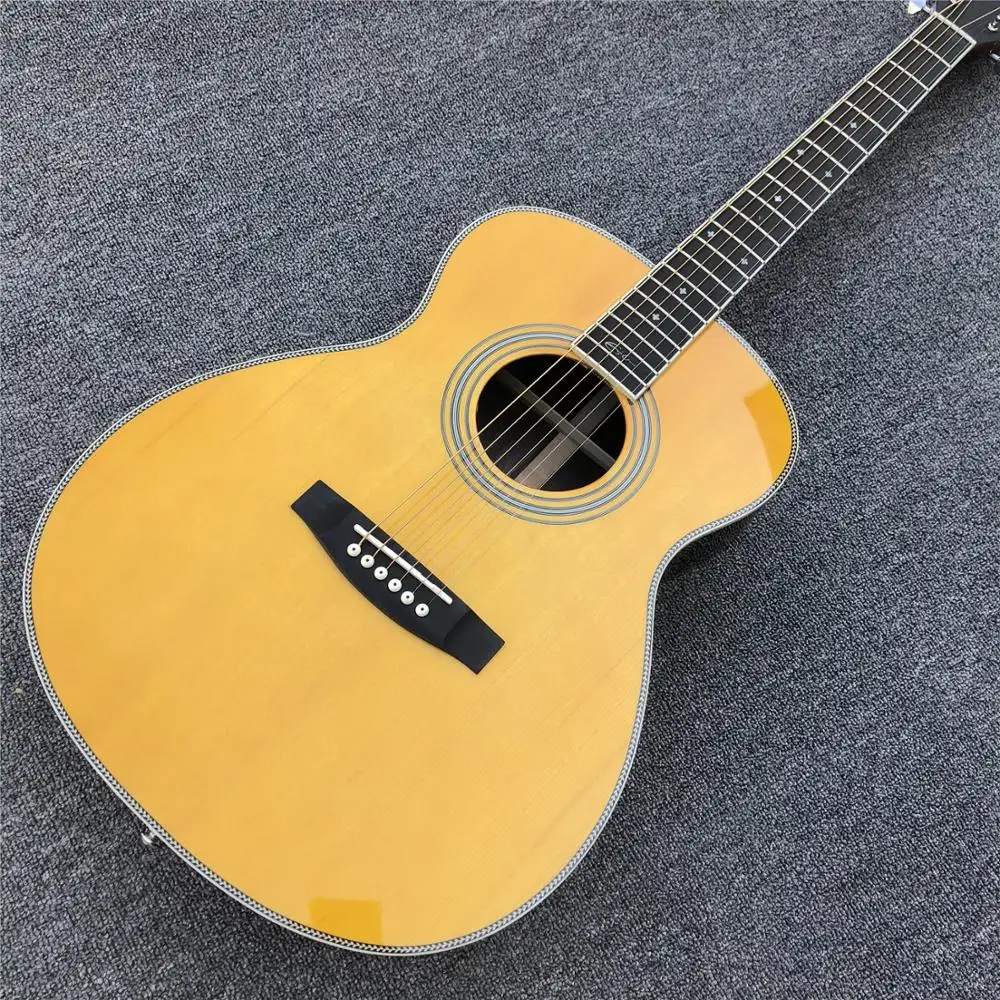 

Factory custom Yellow 28 style Acoustic Guitar,Fishbone binding Solid spruce top OM body guitar,Free shipping