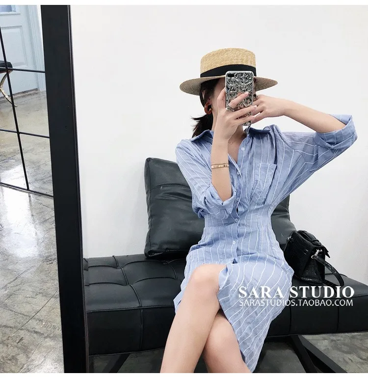 Spring New Women Fashion High Waist Shirt Dress Striped Elegant Midi Long Dresses With Sashes For Women Black Pink LM15