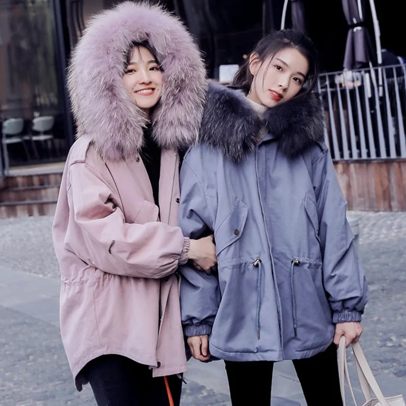 

Photo Shoot in Pale Lilac Mid-length Loose-Fit Drawstring Waist Hugging Hooded Large Fur Collar Thick Best Friend Workwear Cotto