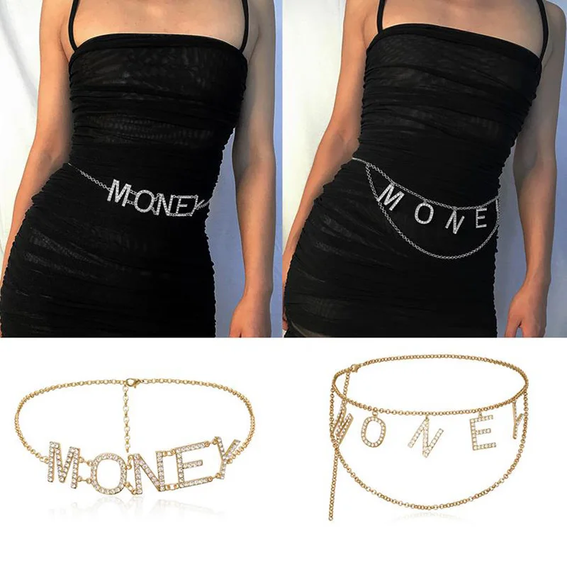 

Retro Gold Color Multi Layered Crystal Letter MONEY Pendant Body Chain Women Harness Waist Belly Chain Belt Jewelry