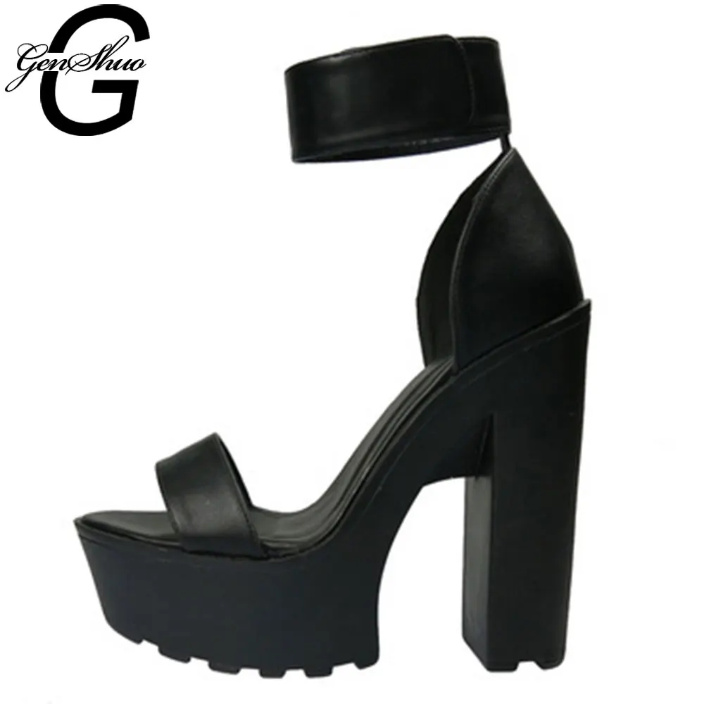 

GENSHUO Peep Toe Ankle Strap Thick High Heels Platform Shoes Punk Style Casual Summer Sandals Block Heels Women's Shoes Size 41
