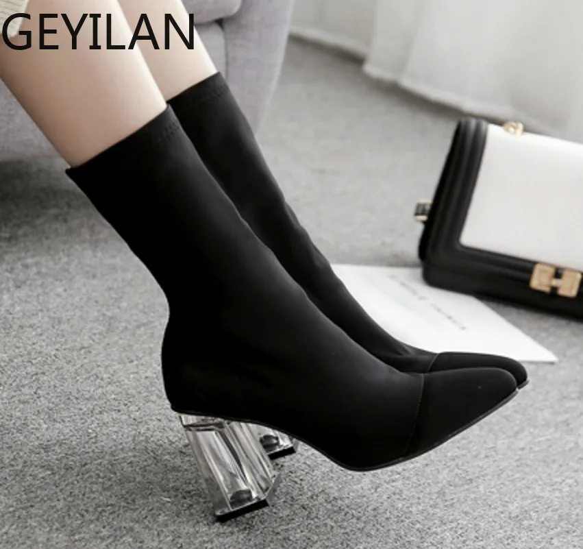 

new crystal with high-heeled pointed head in the tube elastic boots female Europe and the United States thick with women's boots