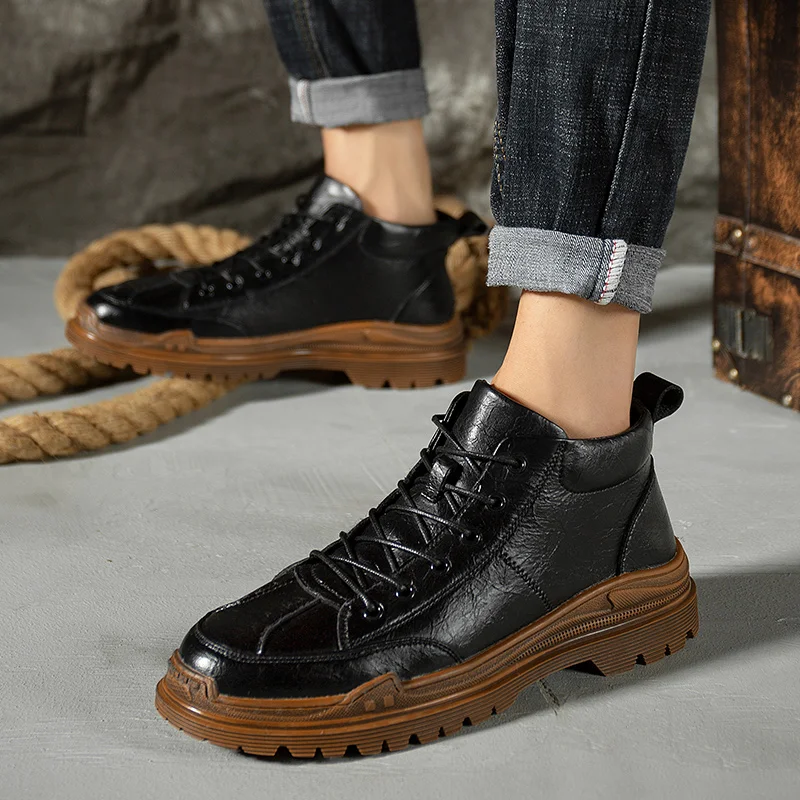 

Leather Autumn Winter Men Boots Outdoor fashion Motorcycle Boots lace up Designer Sewing Ankle Boots Men's Shoes footwear