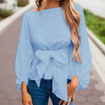 

2019 New Autumn Spring Women Long Sleeve O-Neck Blouse Solid Black Crop Top Women Office Lady Female Sashes Shirts GV334