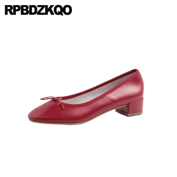 

block heels shoes for women autumn genuine leather high runway pumps chunky size 4 34 round toe 2019 red thick ladies low bow