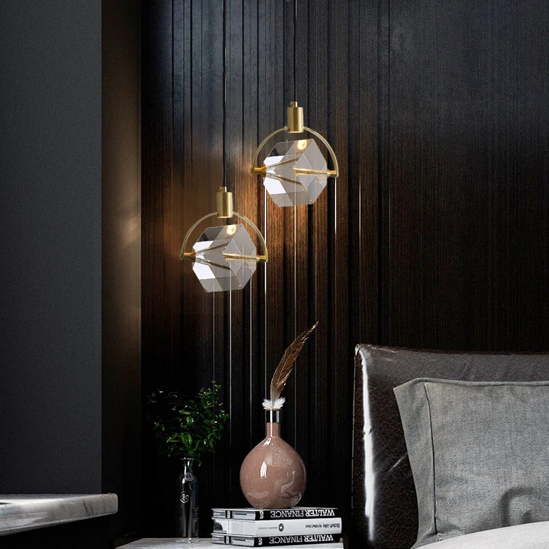 

Nordic LED Small Pendant Light Postmodern Golden Luxury Crystal 2 Heads Bedroom Bedside Night Lamp Home Decoration Fixtures