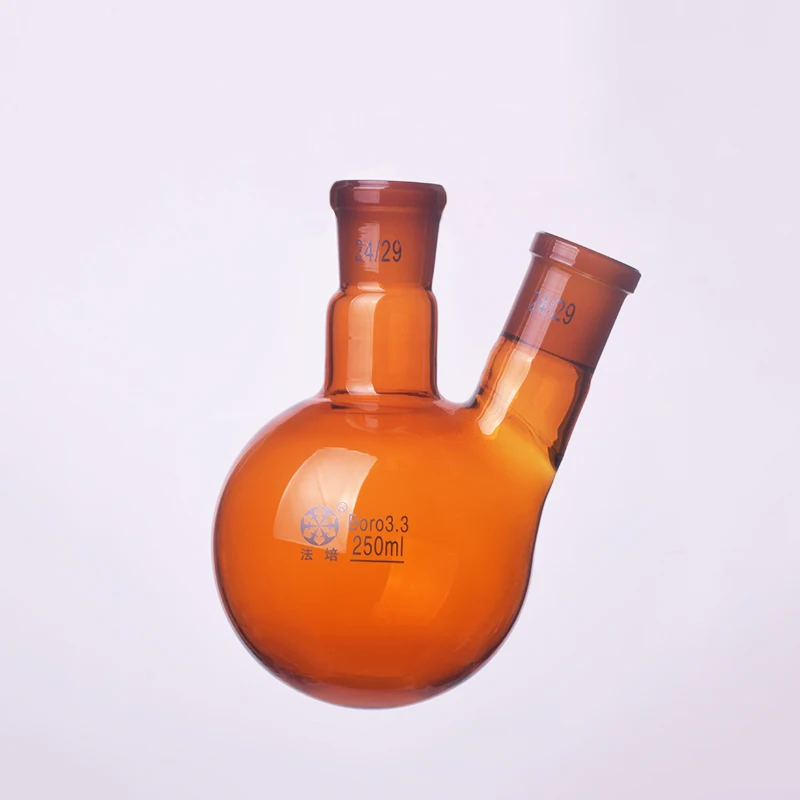 

Brown two-necked flask oblique shape,with two necks standard grinding mouth 250ml,Middle joint 24/29 and lateral joint 24/29