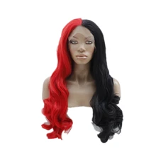 Парик из синтетического кружева спереди, половина Красного получерного цвета, вечерние парики для косплея, 150% плотность, длинные волнистые волосы из бесклеевого волокна для женщин