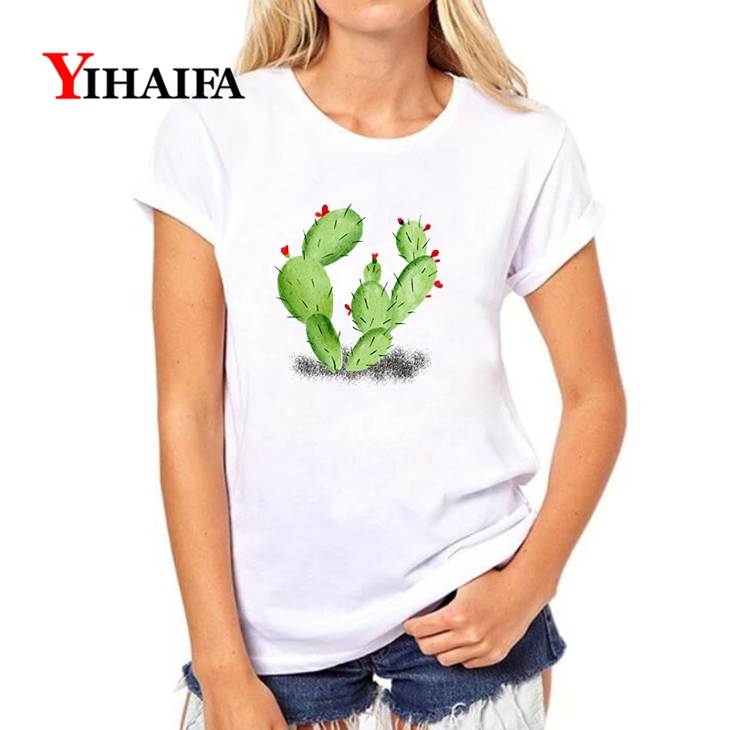 

YIHAIFA Summer New Women gym blusa Cactus Graphics Tee T-shirt Stylish Pullover Mujer T Shirts White Tops