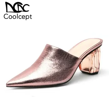 

CoolCept Plus Size 34-45 Pointed Toe Women Sandals Sexy Shoes Women Square Heel Slippers Party Soft Leather Ladies Footwear