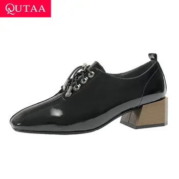 

QUTAA 2020 Patent Leather Lace Up Casual Women Single Shoes Retro Square Toe Square Heel Spring Autumn Ladies Pumps Size 34-42