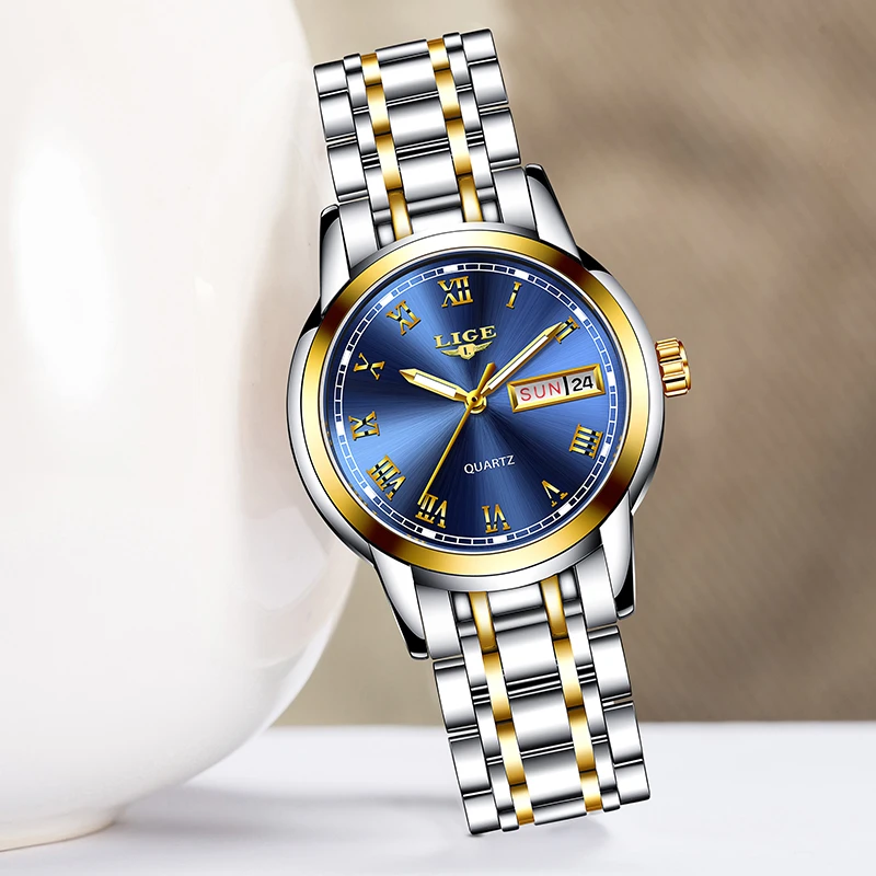 LIGE Fashion Women Watches Gold Blue Ladies Bracelet Watches Reloj Mujer 2020 New Creative Waterproof Quartz Watch For Women+Box