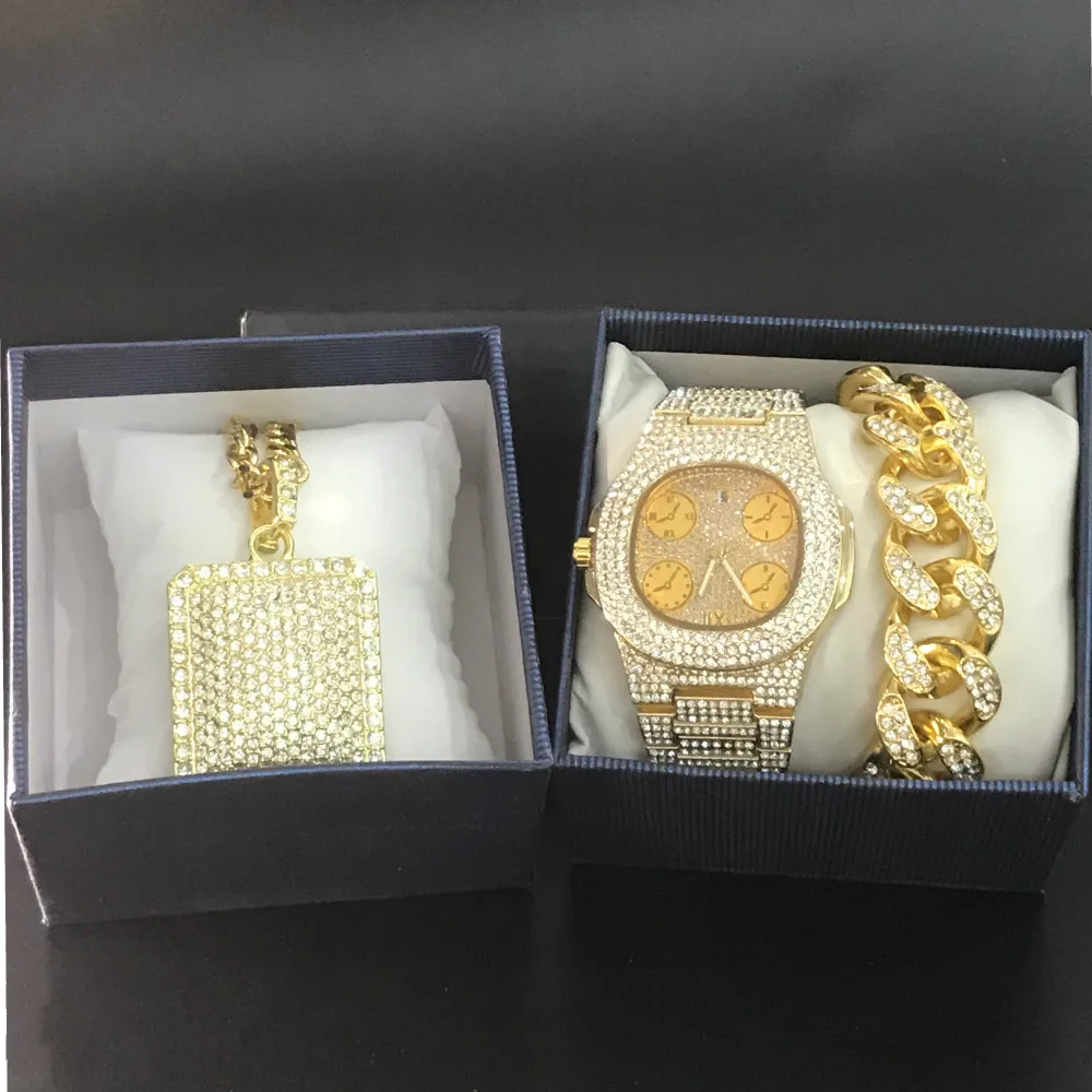 Luxury Men Watch Hip Hop Gold Ice Out Cuban Necklace Bracelet &amp Jewelry Combo Set | Украшения и аксессуары